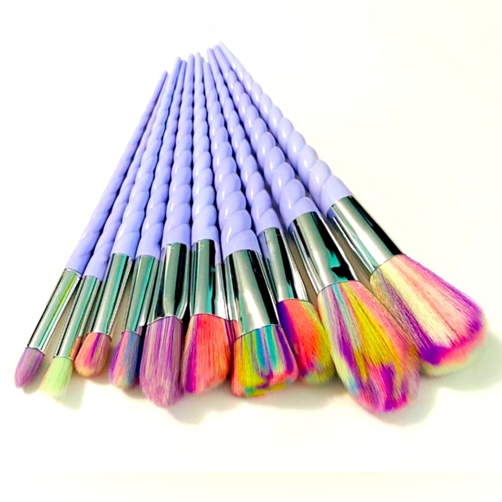 makeup brush set, white spiral unicorn makeup brushes 10 piece set colorful, NEW